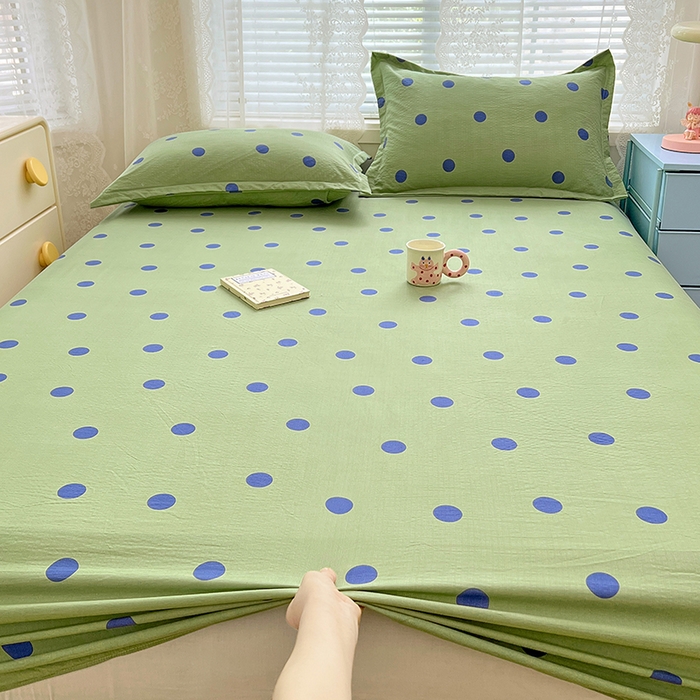 91家纺网 家纺一手货源 找家纺 梦舒羽 2025新款双层纱床笠机洗家用防滑透气床罩床垫床单保护套-缤纷波点 波点-布鲁蓝