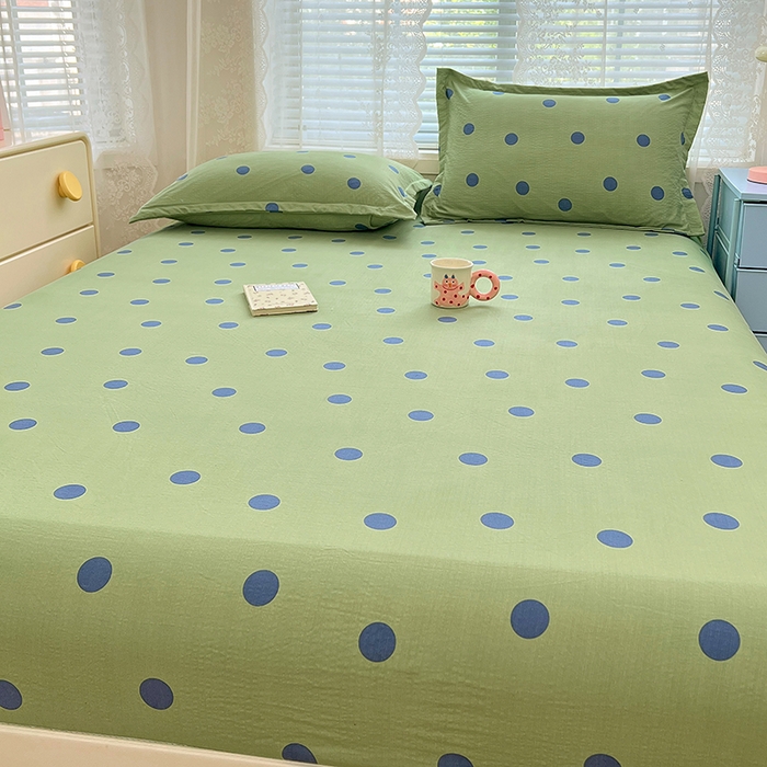 91家纺网 家纺一手货源 找家纺 梦舒羽 2025新款双层纱床笠机洗家用防滑透气床罩床垫床单保护套-缤纷波点 波点-布鲁蓝