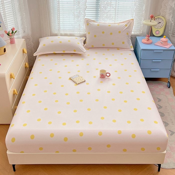 91家纺网 家纺一手货源 找家纺 梦舒羽 2025新款双层纱床笠机洗家用防滑透气床罩床垫床单保护套-缤纷波点 波点-向阳黄