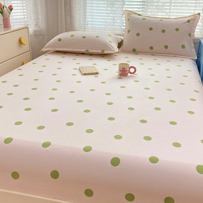 91家纺网 家纺一手货源 找家纺 梦舒羽 2025新款双层纱床笠机洗家用防滑透气床罩床垫床单保护套-缤纷波点 波点-清新绿