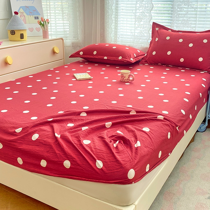 91家纺网 家纺一手货源 找家纺 梦舒羽 2025新款双层纱床笠机洗家用防滑透气床罩床垫床单保护套-缤纷波点 波点-大红色