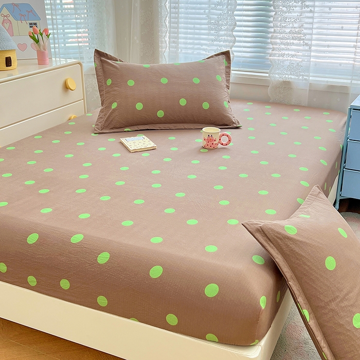 91家纺网 家纺一手货源 找家纺 梦舒羽 2025新款双层纱床笠机洗家用防滑透气床罩床垫床单保护套-缤纷波点 波点-卡其绿
