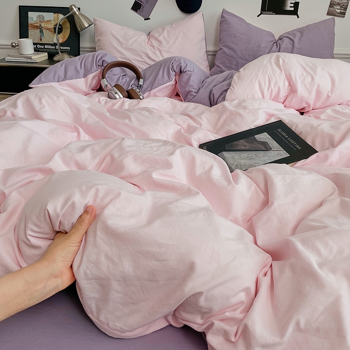 91家纺网 家纺一手货源 找家纺 梦卓家纺 2025爆款ins风超柔褶皱亲肤磨毛水洗棉四件套 粉果气泡