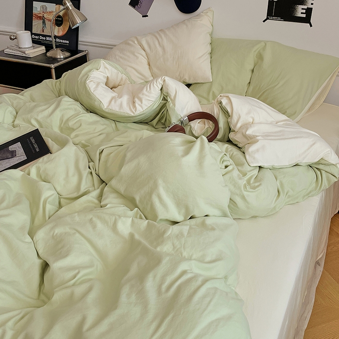 91家纺网 家纺一手货源 找家纺 梦卓家纺 2025爆款ins风超柔褶皱亲肤磨毛水洗棉四件套 奶酪薄荷