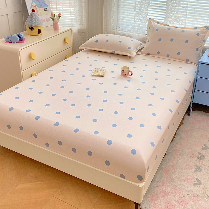 91家纺网 家纺一手货源 找家纺 梦舒羽 2025新款双层纱床笠机洗家用防滑透气床罩床垫床单保护套-缤纷波点 波点-浅天蓝