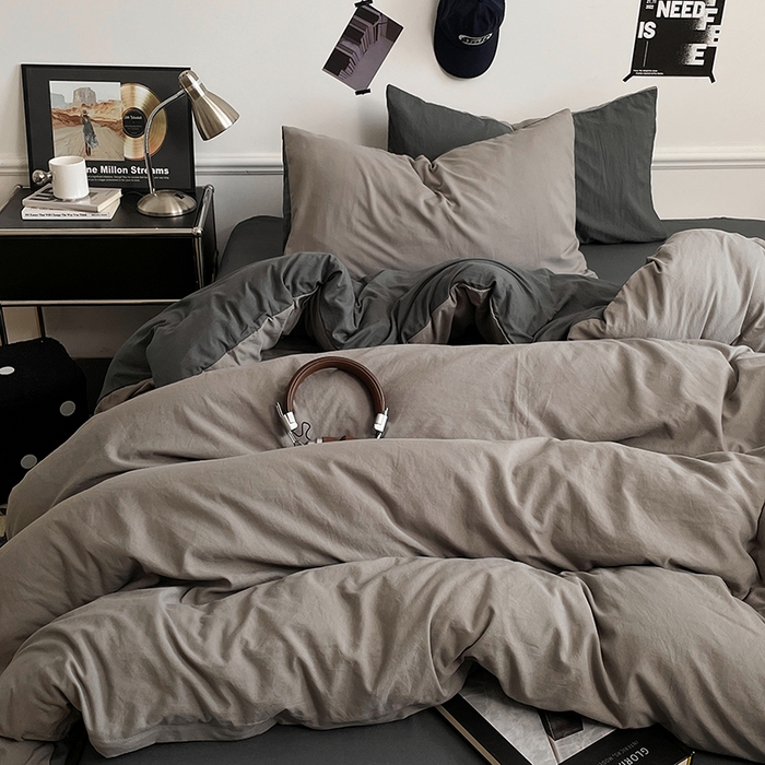 91家纺网 家纺一手货源 找家纺 梦卓家纺 2025爆款ins风超柔褶皱亲肤磨毛水洗棉四件套 深灰魅影