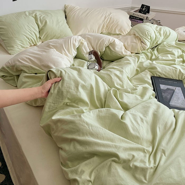 91家纺网 家纺一手货源 找家纺 梦卓家纺 2025爆款ins风超柔褶皱亲肤磨毛水洗棉四件套 奶酪薄荷