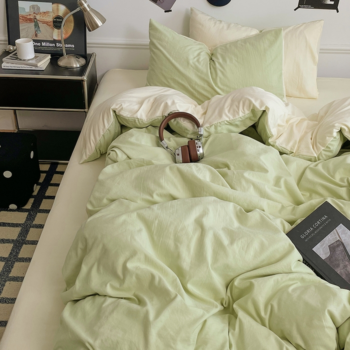 91家纺网 家纺一手货源 找家纺 梦卓家纺 2025爆款ins风超柔褶皱亲肤磨毛水洗棉四件套 奶酪薄荷