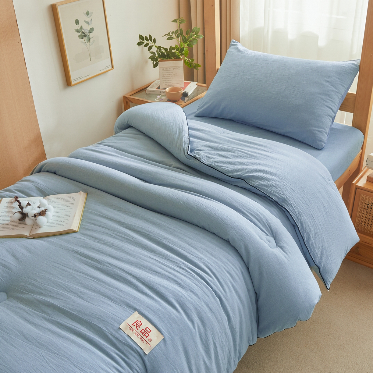91家纺网 家纺一手货源 找家纺 熙宴家纺 2025新款水洗棉嵌绳款100%新疆棉花被 雾蓝