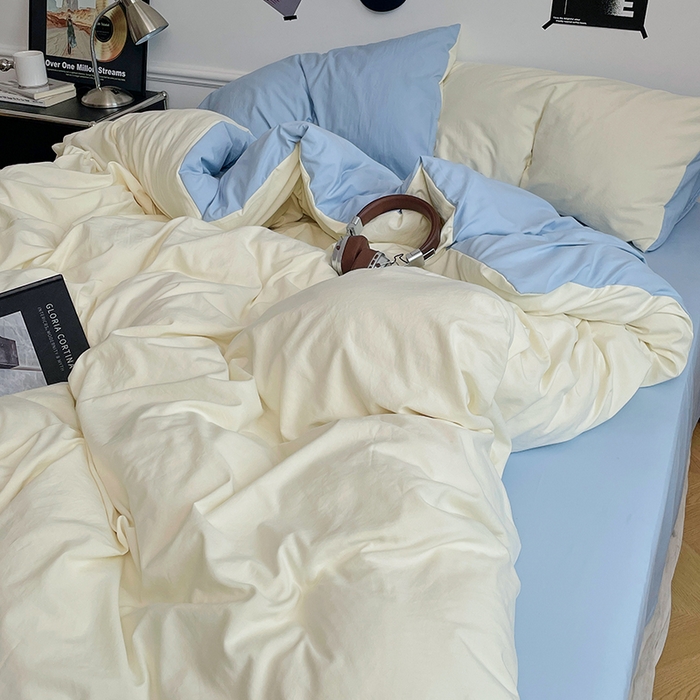 91家纺网 家纺一手货源 找家纺 梦卓家纺 2025爆款ins风超柔褶皱亲肤磨毛水洗棉四件套 天蓝椰冰