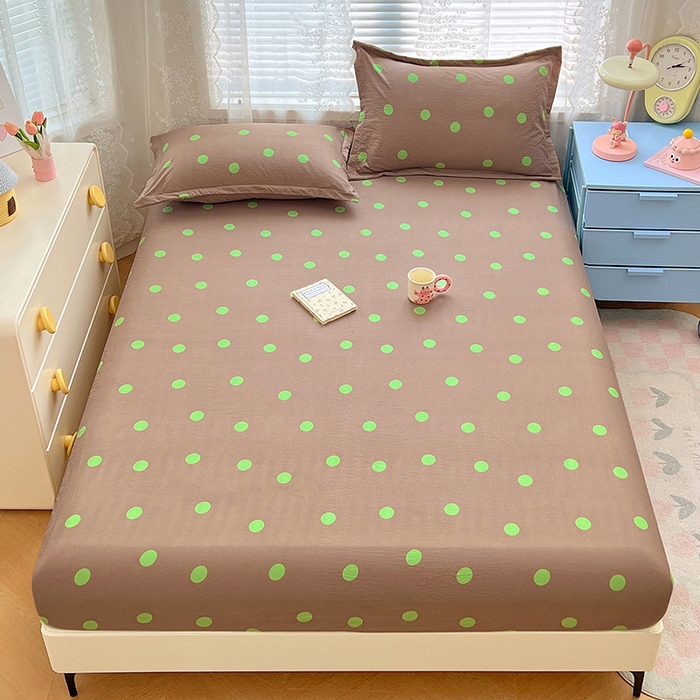 91家纺网 家纺一手货源 找家纺 梦舒羽 2025新款双层纱床笠机洗家用防滑透气床罩床垫床单保护套-缤纷波点 波点-卡其绿