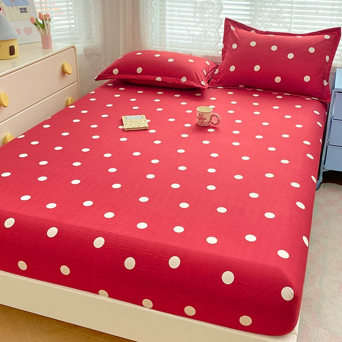 91家纺网 家纺一手货源 找家纺 梦舒羽 2025新款双层纱床笠机洗家用防滑透气床罩床垫床单保护套-缤纷波点 波点-大红色