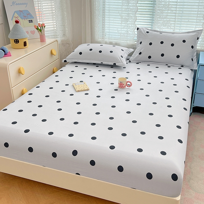 91家纺网 家纺一手货源 找家纺 梦舒羽 2025新款双层纱床笠机洗家用防滑透气床罩床垫床单保护套-缤纷波点 波点-至尊黑