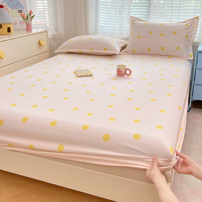 91家纺网 家纺一手货源 找家纺 梦舒羽 2025新款双层纱床笠机洗家用防滑透气床罩床垫床单保护套-缤纷波点 波点-向阳黄