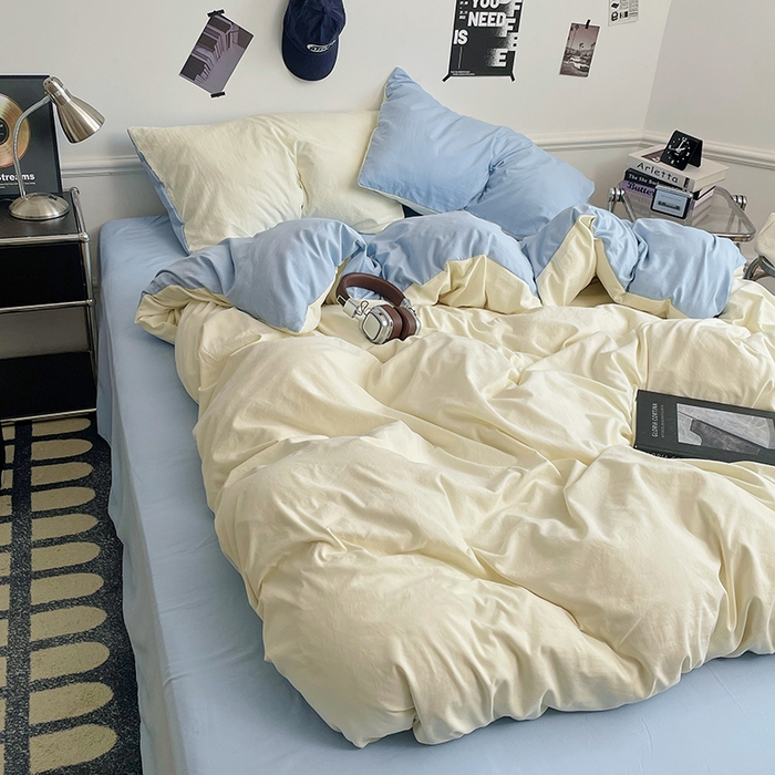 91家纺网 家纺一手货源 找家纺 梦卓家纺 2025爆款ins风超柔褶皱亲肤磨毛水洗棉四件套 天蓝椰冰