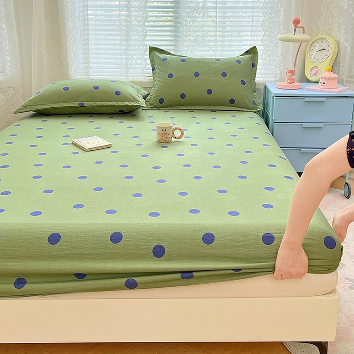 91家纺网 家纺一手货源 找家纺 梦舒羽 2025新款双层纱床笠机洗家用防滑透气床罩床垫床单保护套-缤纷波点 波点-布鲁蓝