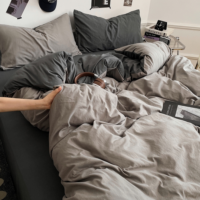 91家纺网 家纺一手货源 找家纺 梦卓家纺 2025爆款ins风超柔褶皱亲肤磨毛水洗棉四件套 深灰魅影