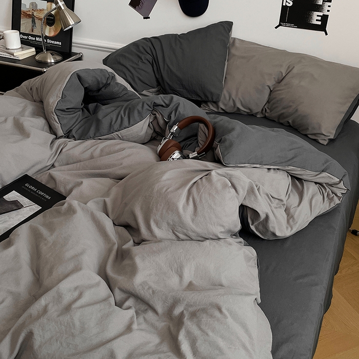 91家纺网 家纺一手货源 找家纺 梦卓家纺 2025爆款ins风超柔褶皱亲肤磨毛水洗棉四件套 深灰魅影