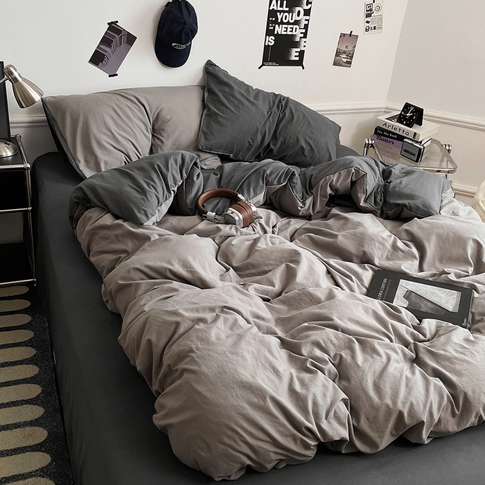 91家纺网 家纺一手货源 找家纺 梦卓家纺 2025爆款ins风超柔褶皱亲肤磨毛水洗棉四件套 深灰魅影