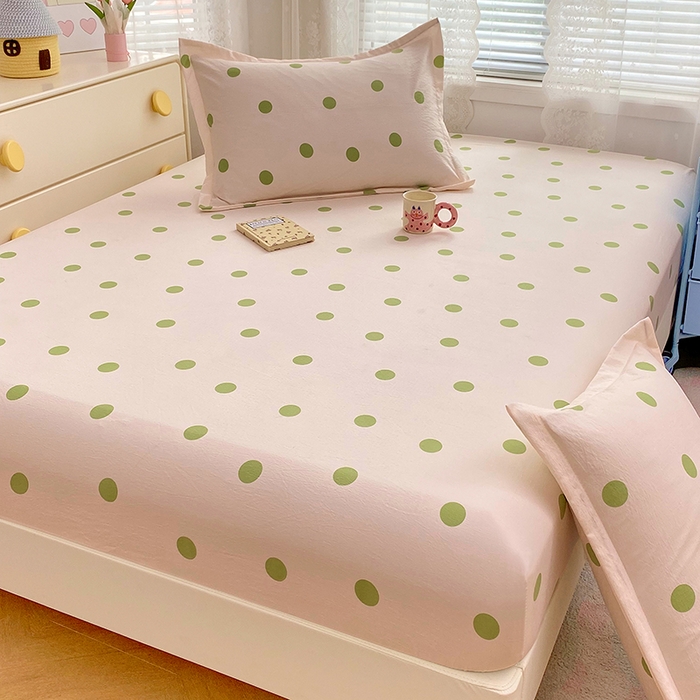 91家纺网 家纺一手货源 找家纺 梦舒羽 2025新款双层纱床笠机洗家用防滑透气床罩床垫床单保护套-缤纷波点 波点-清新绿