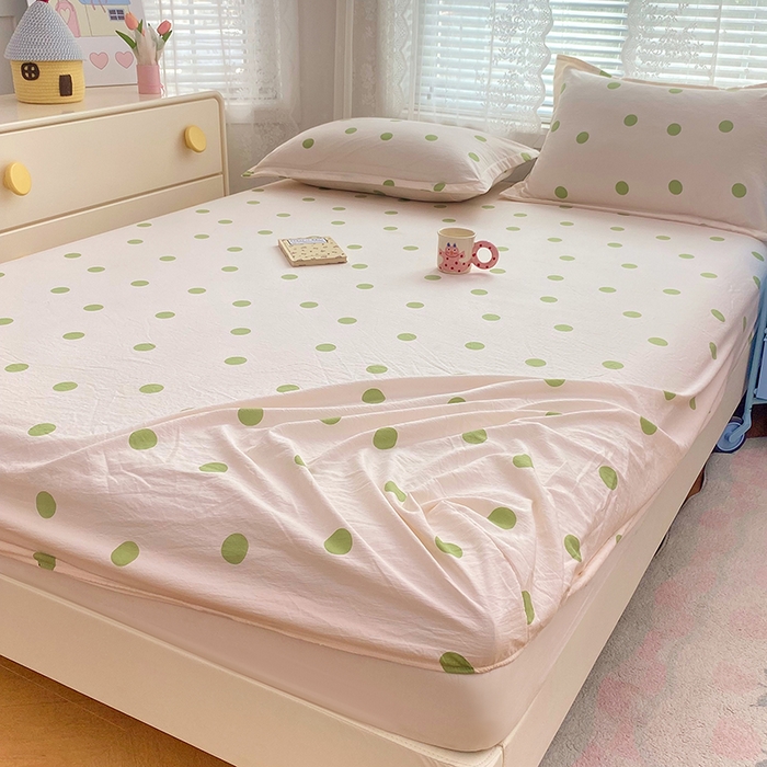 91家纺网 家纺一手货源 找家纺 梦舒羽 2025新款双层纱床笠机洗家用防滑透气床罩床垫床单保护套-缤纷波点 波点-清新绿