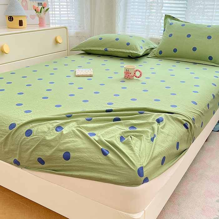 91家纺网 家纺一手货源 找家纺 梦舒羽 2025新款双层纱床笠机洗家用防滑透气床罩床垫床单保护套-缤纷波点 波点-布鲁蓝