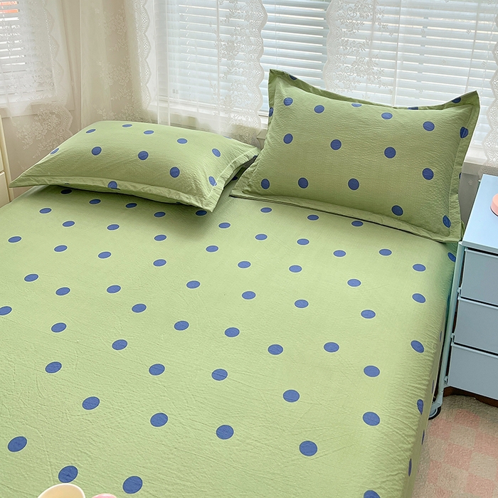 91家纺网 家纺一手货源 找家纺 梦舒羽 2025新款双层纱床笠机洗家用防滑透气床罩床垫床单保护套-缤纷波点 波点-布鲁蓝