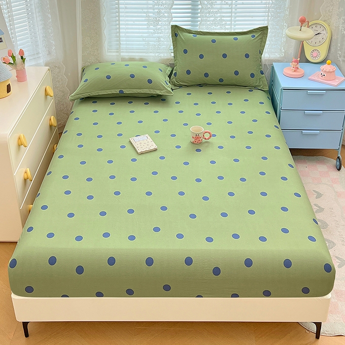91家纺网 家纺一手货源 找家纺 梦舒羽 2025新款双层纱床笠机洗家用防滑透气床罩床垫床单保护套-缤纷波点 波点-布鲁蓝