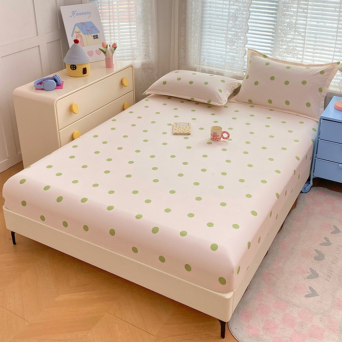 91家纺网 家纺一手货源 找家纺 梦舒羽 2025新款双层纱床笠机洗家用防滑透气床罩床垫床单保护套-缤纷波点 波点-清新绿