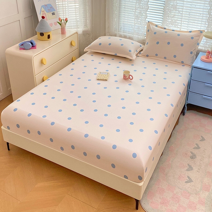 91家纺网 家纺一手货源 找家纺 梦舒羽 2025新款双层纱床笠机洗家用防滑透气床罩床垫床单保护套-缤纷波点 波点-浅天蓝