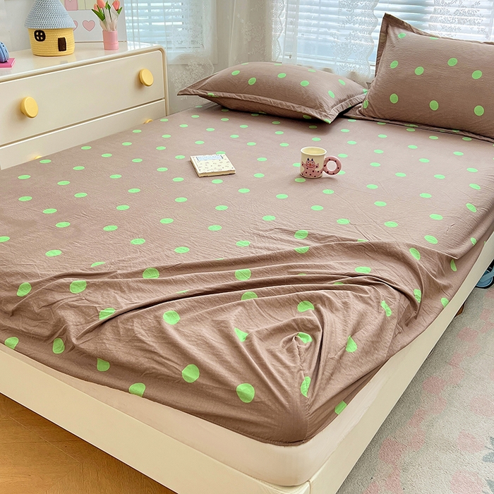 91家纺网 家纺一手货源 找家纺 梦舒羽 2025新款双层纱床笠机洗家用防滑透气床罩床垫床单保护套-缤纷波点 波点-卡其绿
