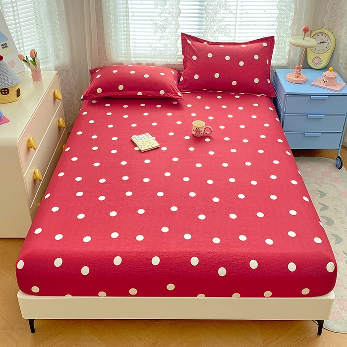 91家纺网 家纺一手货源 找家纺 梦舒羽 2025新款双层纱床笠机洗家用防滑透气床罩床垫床单保护套-缤纷波点 波点-大红色