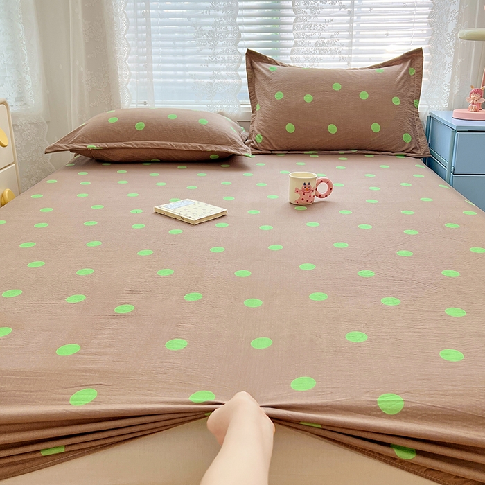 91家纺网 家纺一手货源 找家纺 梦舒羽 2025新款双层纱床笠机洗家用防滑透气床罩床垫床单保护套-缤纷波点 波点-卡其绿