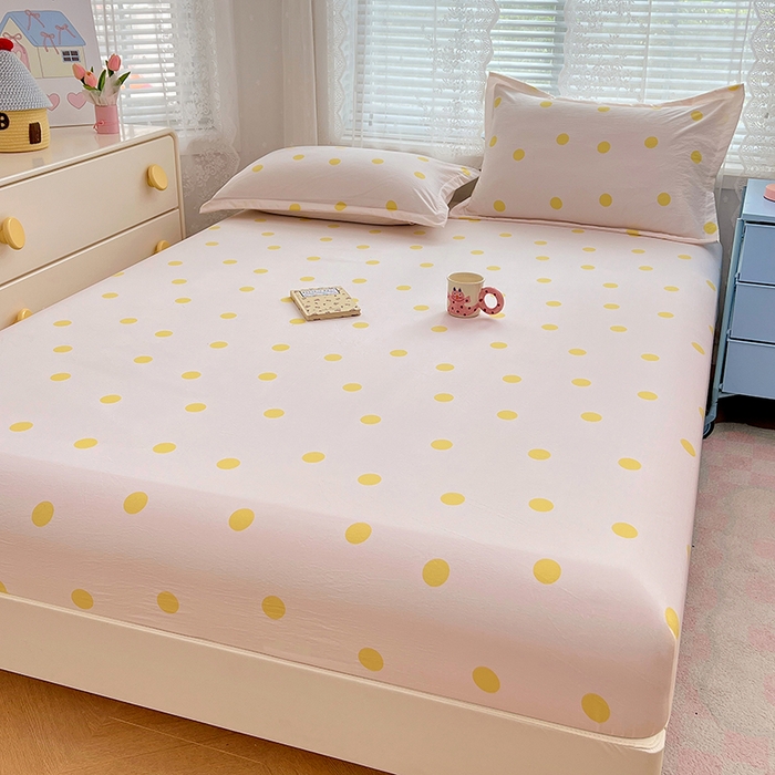 91家纺网 家纺一手货源 找家纺 梦舒羽 2025新款双层纱床笠机洗家用防滑透气床罩床垫床单保护套-缤纷波点 波点-向阳黄