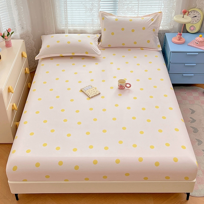 91家纺网 家纺一手货源 找家纺 梦舒羽 2025新款双层纱床笠机洗家用防滑透气床罩床垫床单保护套-缤纷波点 波点-向阳黄
