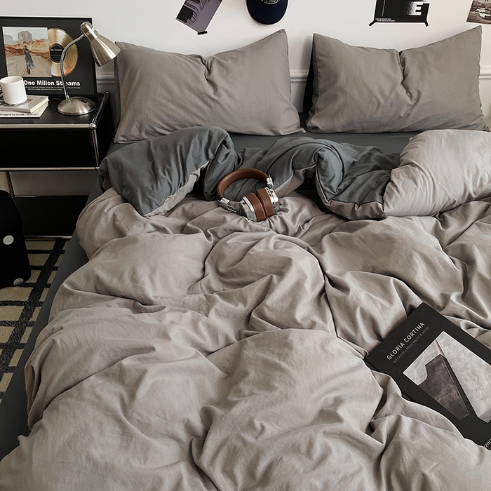 91家纺网 家纺一手货源 找家纺 梦卓家纺 2025爆款ins风超柔褶皱亲肤磨毛水洗棉四件套 深灰魅影