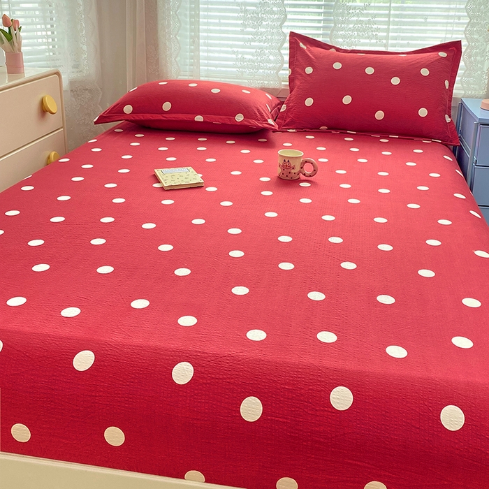 91家纺网 家纺一手货源 找家纺 梦舒羽 2025新款双层纱床笠机洗家用防滑透气床罩床垫床单保护套-缤纷波点 波点-大红色