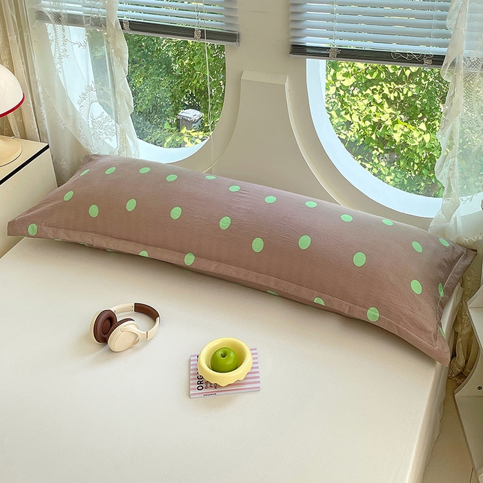 91家纺网 家纺一手货源 找家纺 梦舒羽 2025新款双层纱双人枕套情侣学生长枕芯套枕头内胆套-缤纷波点 波点-卡其绿
