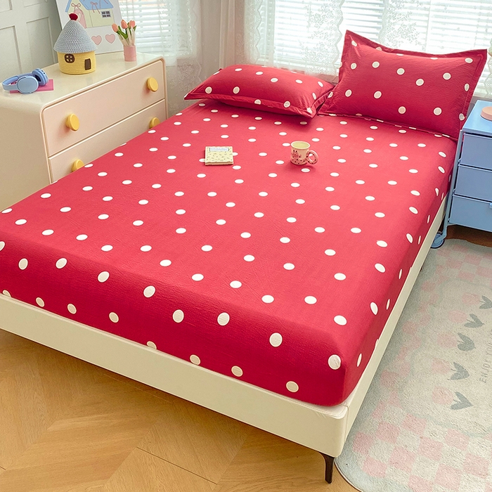 91家纺网 家纺一手货源 找家纺 梦舒羽 2025新款双层纱床笠机洗家用防滑透气床罩床垫床单保护套-缤纷波点 波点-大红色