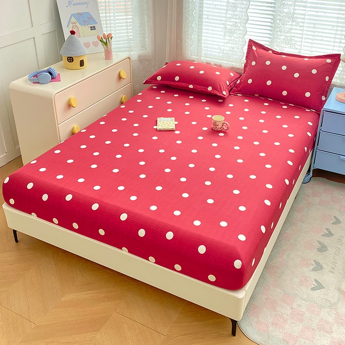 91家纺网 家纺一手货源 找家纺 梦舒羽 2025新款双层纱床笠机洗家用防滑透气床罩床垫床单保护套-缤纷波点 波点-大红色