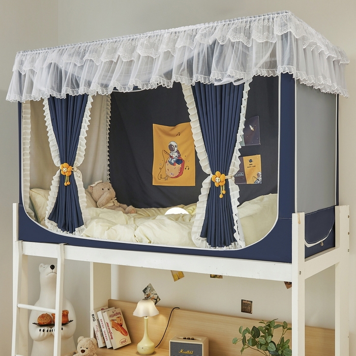 91家纺网 家纺一手货源 找家纺 夏彩 2025新款植绒布蕾丝绣花强遮光铁艺支架学生蚊帐-88625 88625-藏青色