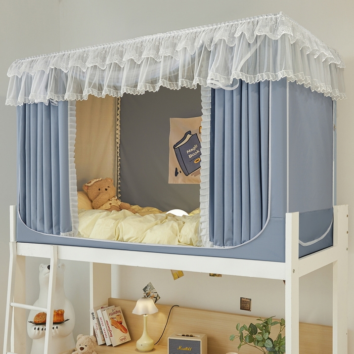 91家纺网 家纺一手货源 找家纺 夏彩 2025新款植绒布蕾丝绣花强遮光铁艺支架学生蚊帐-88625 88625-云水蓝