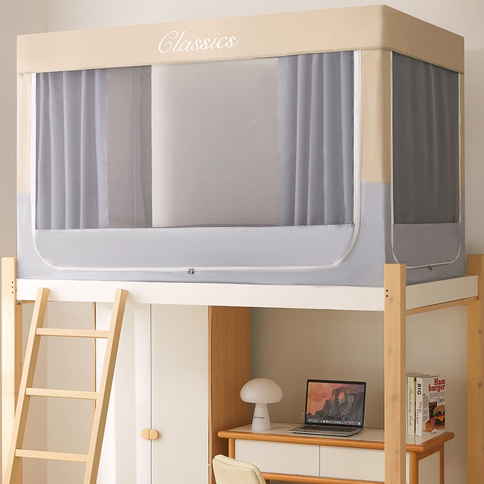 91家纺网 家纺一手货源 找家纺 星际优品 2025新款拼色款学生蚊帐 拼色款-米杏灰