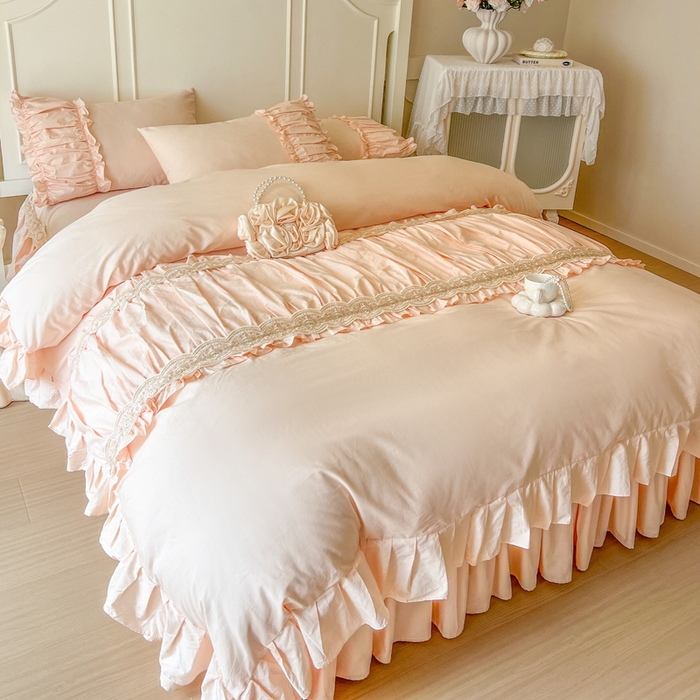 91家纺网 家纺一手货源 找家纺 瑞宝 2025新款法式全棉纯棉花边床裙款四件套-维密 维密 蜜粉