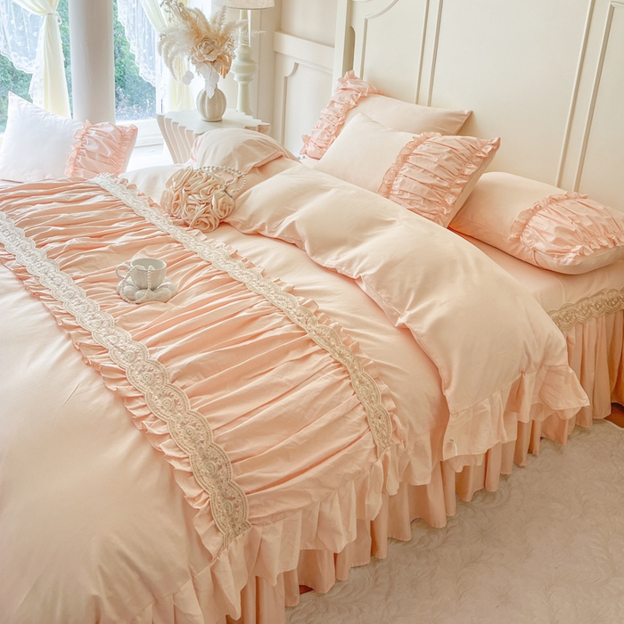 91家纺网 家纺一手货源 找家纺 瑞宝 2025新款法式全棉纯棉花边床裙款四件套-维密 维密 蜜粉