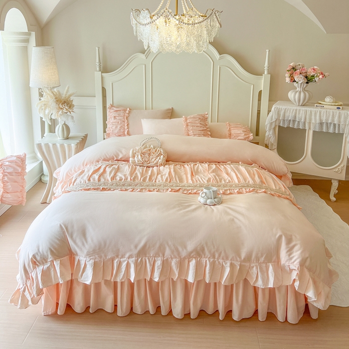 瑞宝 2025新款法式全棉纯棉花边床裙款四件套-维密 维密 蜜粉