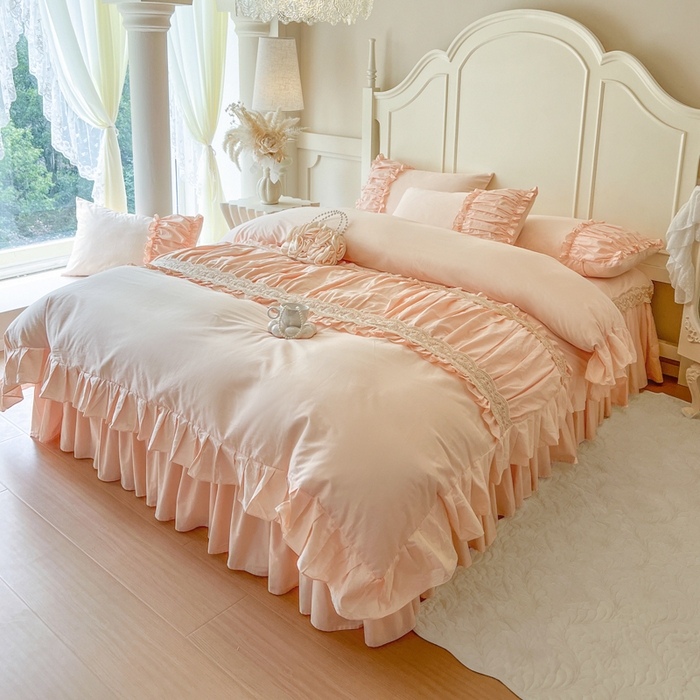 91家纺网 家纺一手货源 找家纺 瑞宝 2025新款法式全棉纯棉花边床裙款四件套-维密 维密 蜜粉