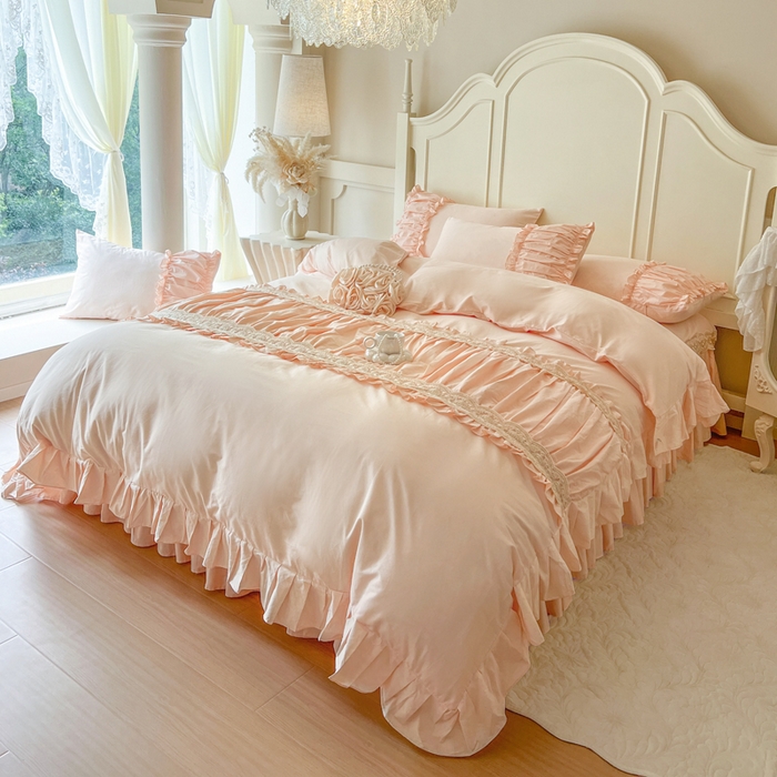 91家纺网 家纺一手货源 找家纺 瑞宝 2025新款法式全棉纯棉花边床裙款四件套-维密 维密 蜜粉