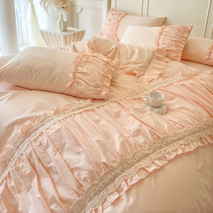 91家纺网 家纺一手货源 找家纺 瑞宝 2025新款法式全棉纯棉花边床裙款四件套-维密 维密 蜜粉