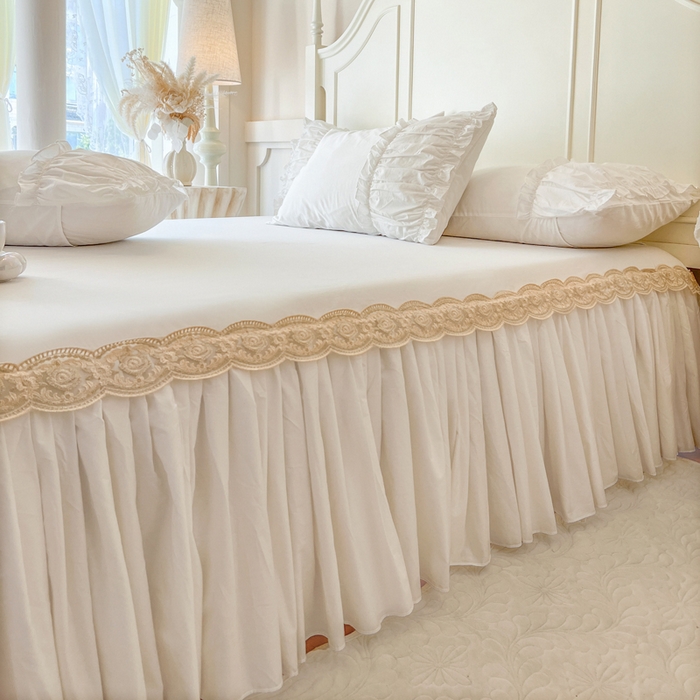 91家纺网 家纺一手货源 找家纺 瑞宝 2025新款法式全棉纯棉花边床裙款四件套-维密 维密 奶油白